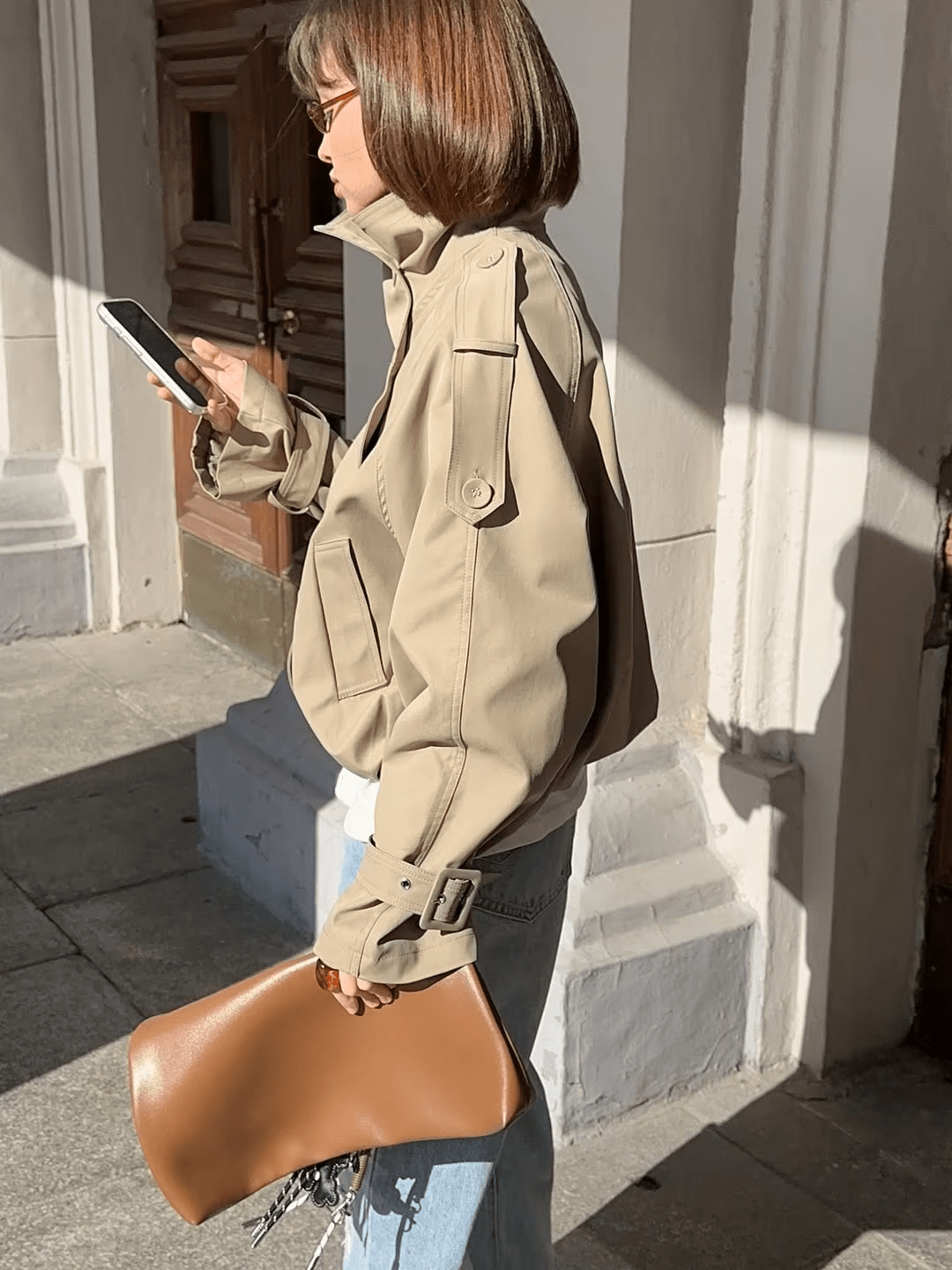 OLANE High Funnel Neck Cropped Trench Jacket BeigeLJacket