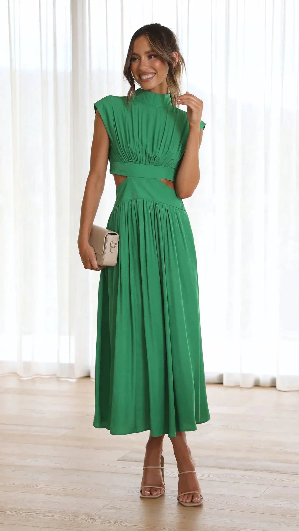OLANE High-Neck Cut Out Midi Dress GreenXSWomen's Dresses