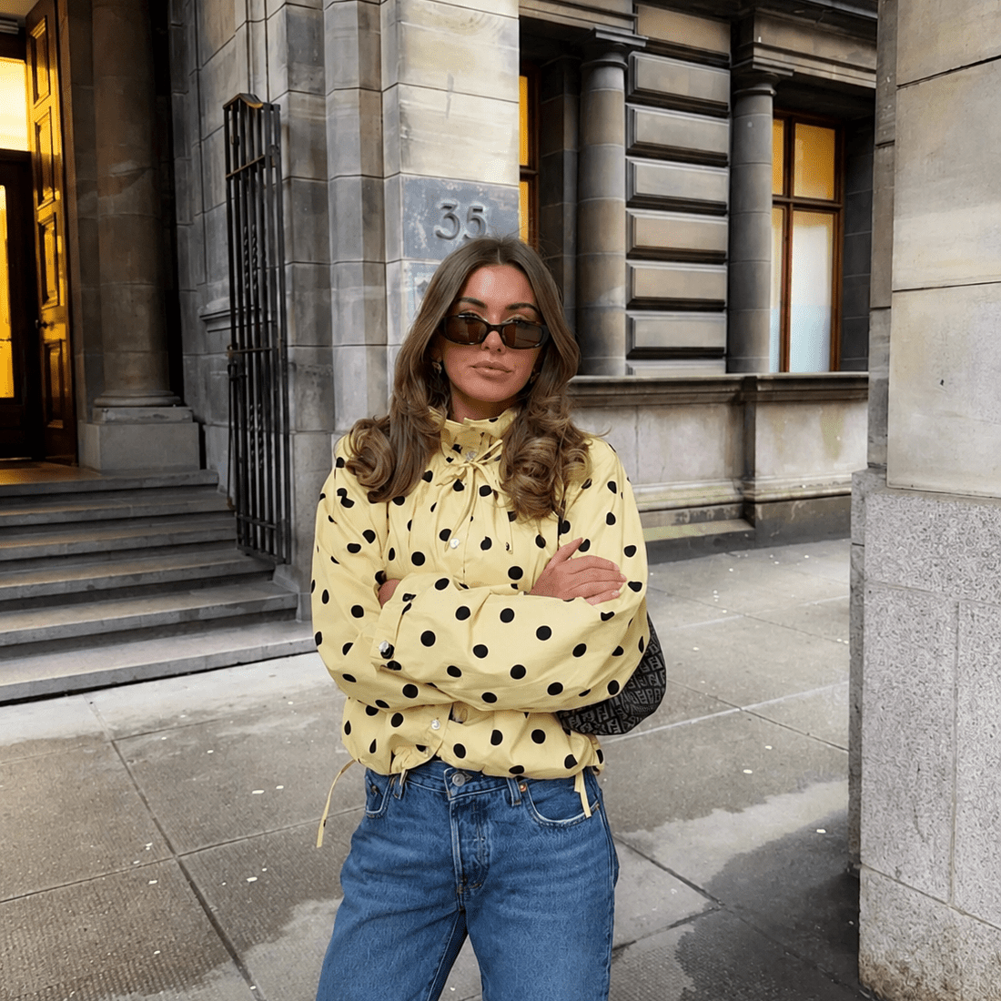 OLANE High Neck Drawstring Polka Dot Jacket YellowXSWomen's Coats & Jackets