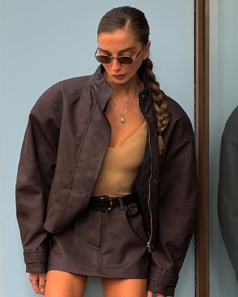 Jacke aus Wildlederimitat mit Stehkragen und Reissverschluss