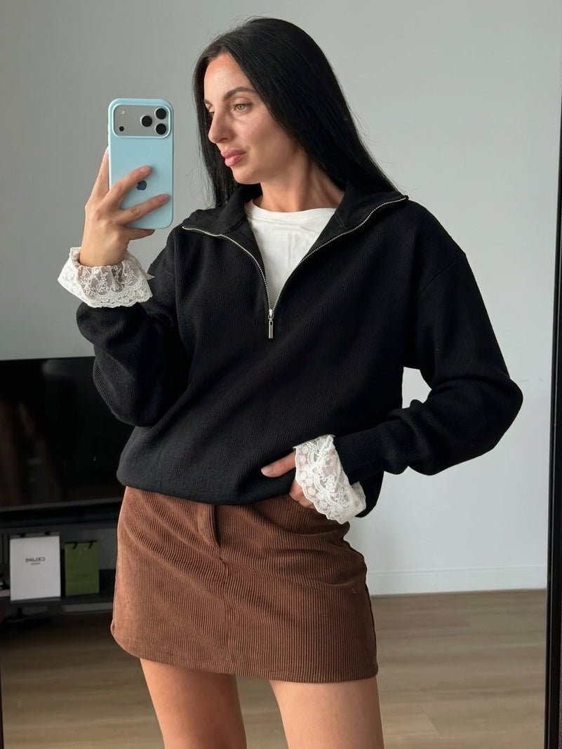 Strickpullover mit hohem Kragen und halbem Reissverschluss