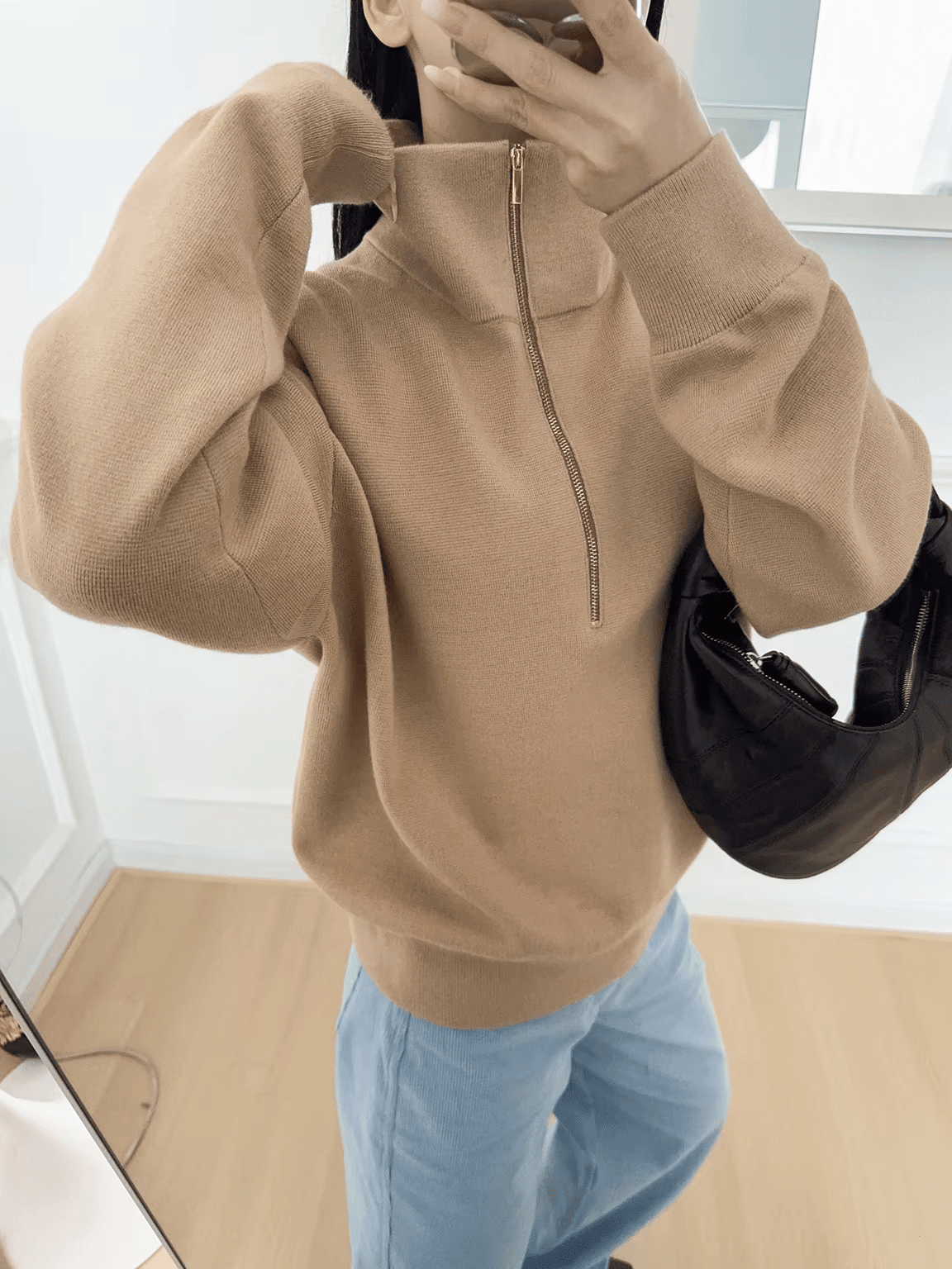 Strickpullover mit hohem Kragen und halbem Reissverschluss
