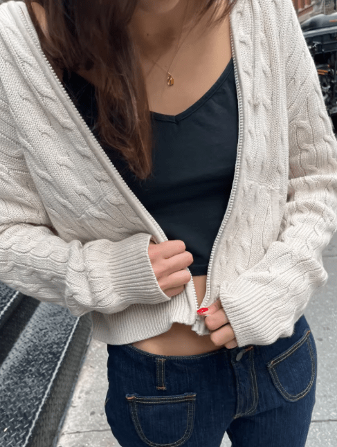 OLANE High Neck Zip Up Knit Cardigan BeigeCardigan