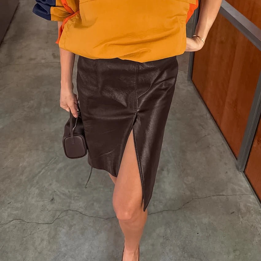 OLANE High Waist Split Knee Vegan Leather Skirt BrownMSkirt
