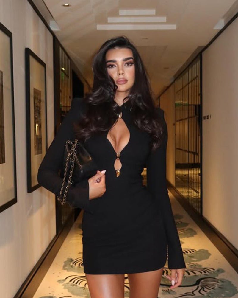OLANE Keyhole Long Sleeve Bodycon Mini Dress BlackLDress