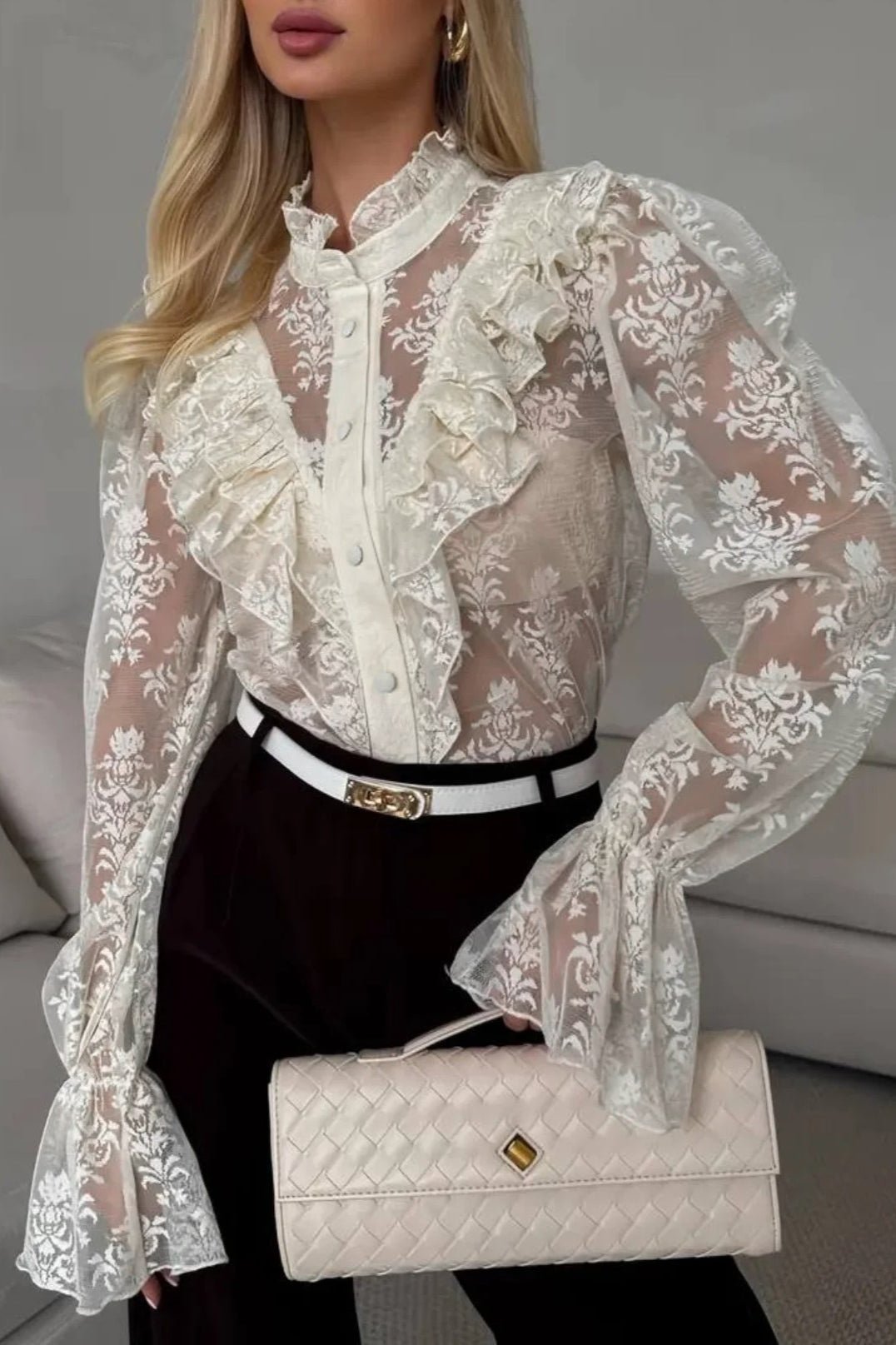 OLANE Lace Flare Sleeve Sheer Blouse BeigeMBlouse