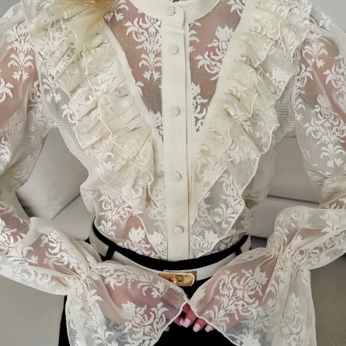 OLANE Lace Flare Sleeve Sheer Blouse BeigeSBlouse