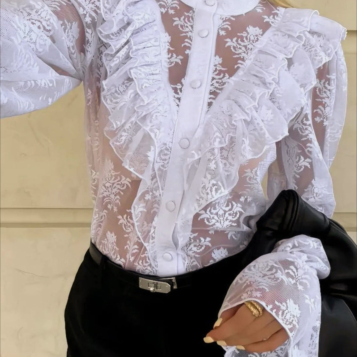 OLANE Lace Flare Sleeve Sheer Blouse WhiteSBlouse
