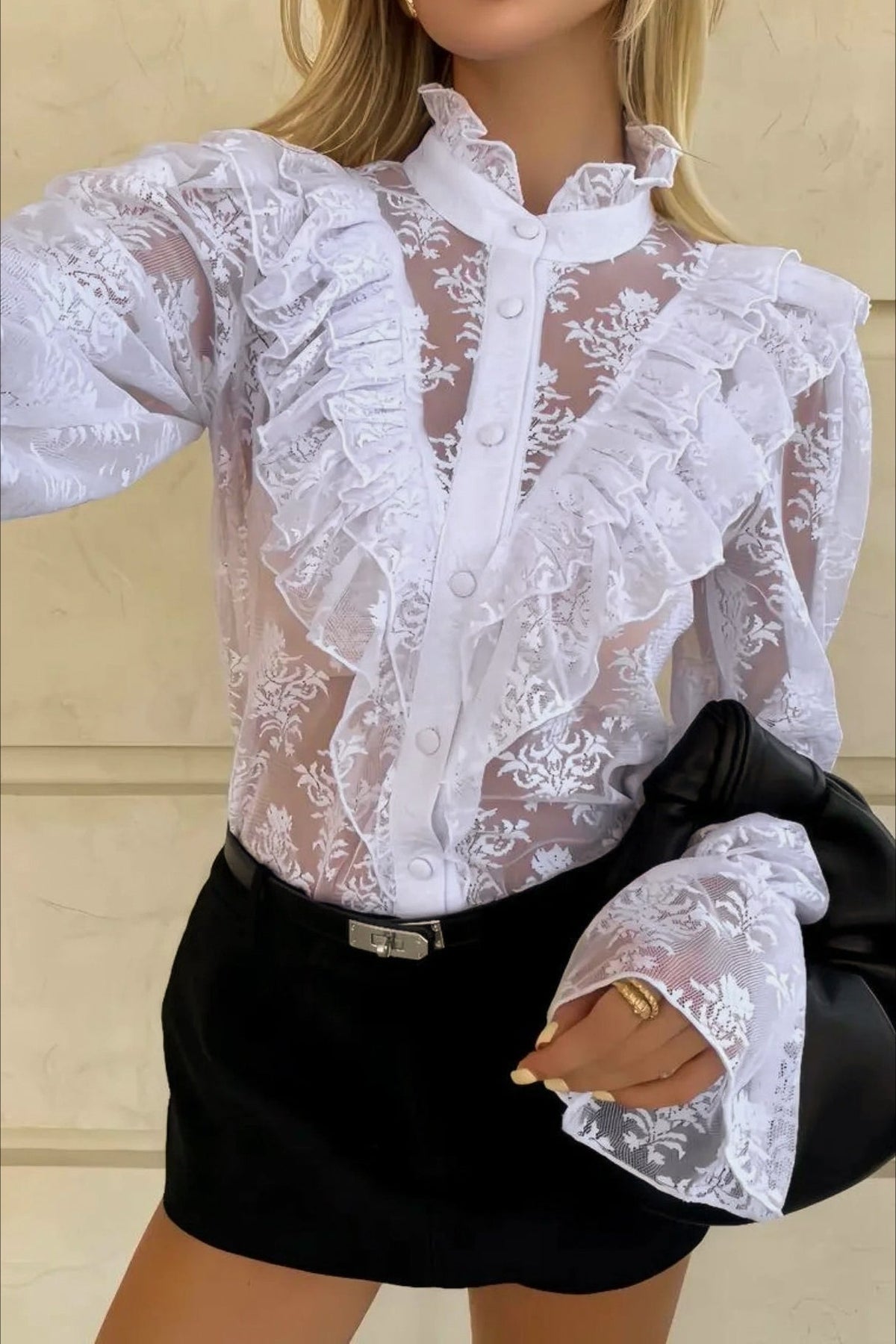 OLANE Lace Flare Sleeve Sheer Blouse WhiteSBlouse