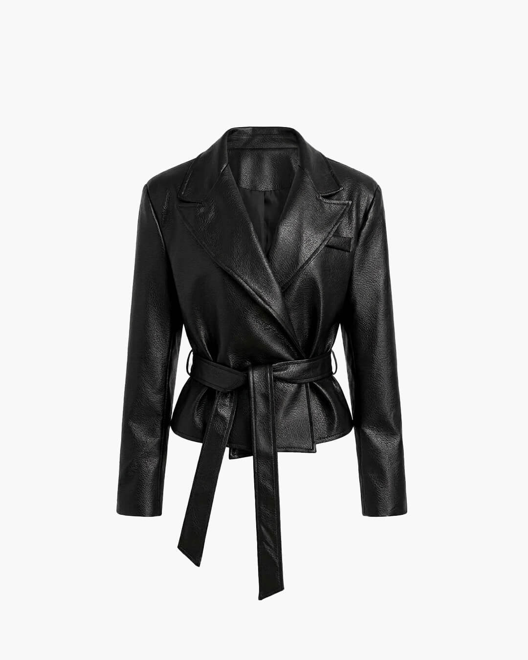 OLANE Lace-Up Faux Leather Blazer Jacket BlackMJacket