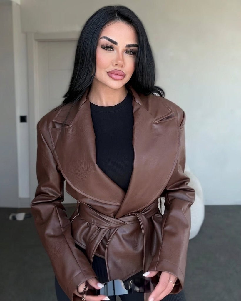 OLANE Lace-Up Faux Leather Blazer Jacket BrownMJacket
