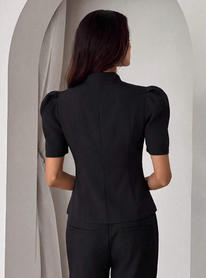 OLANE Lantern Short Sleeves Stand Collar Top BlackLWomen’s Tops