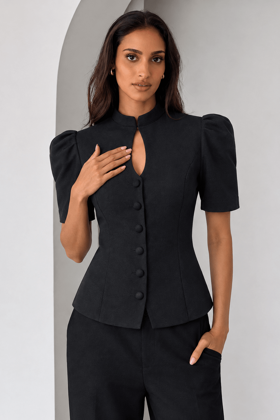 OLANE Lantern Short Sleeves Stand Collar Top BlackSWomen’s Tops