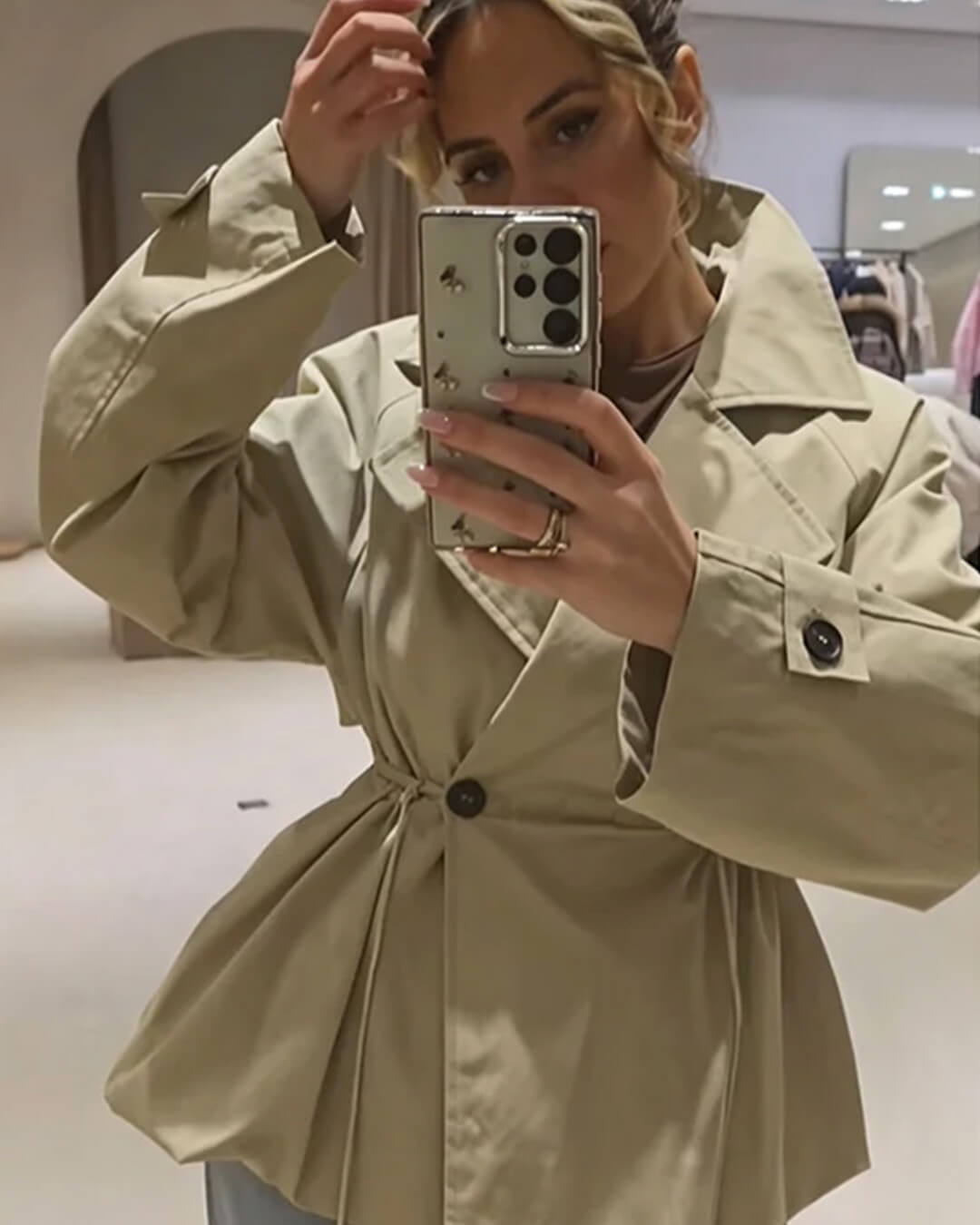 OLANE Lapel Collar Drawstring Trench Coat BeigeMWomen's Coats & Jackets