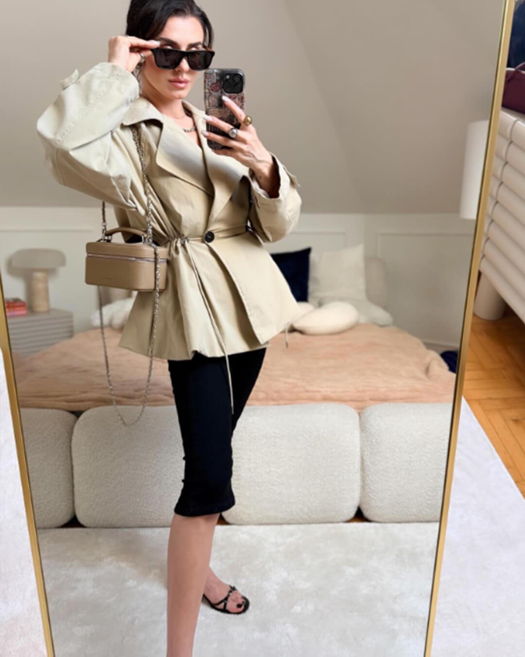 OLANE Lapel Collar Drawstring Trench Coat BeigeMWomen's Coats & Jackets