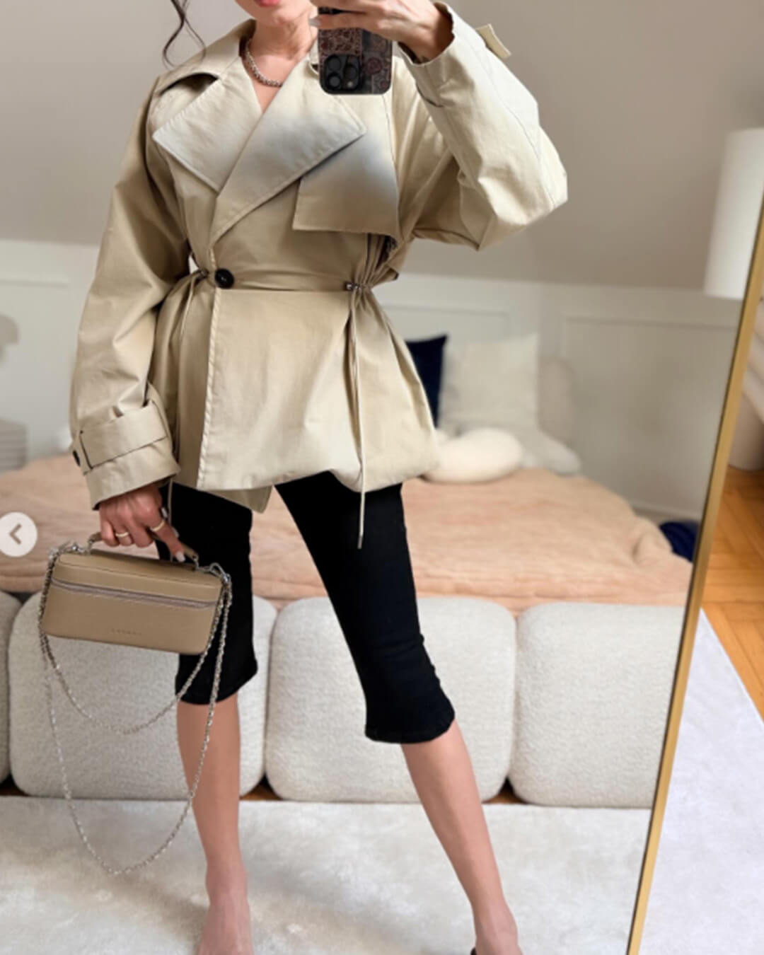 OLANE Lapel Collar Drawstring Trench Coat BeigeSWomen's Coats & Jackets