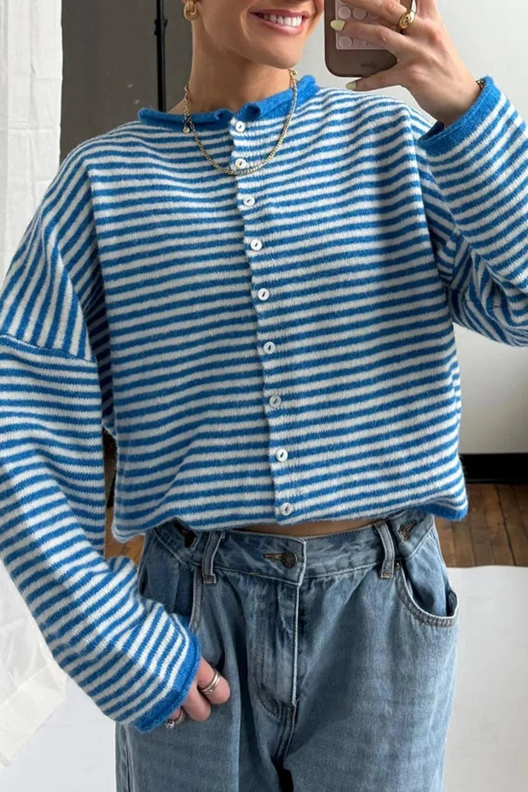 OLANE Lightweight Button-Down Striped Cardigan BrownSWomen's Sweaters & Cardigans