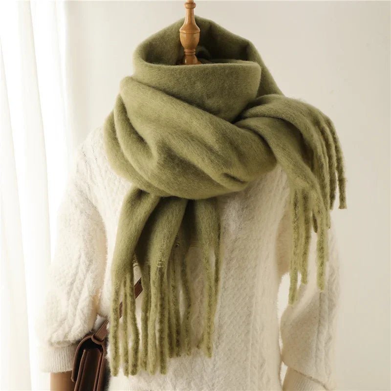 OLANE Lightweight Tasseled Winter Scarf Olive GreenAccessories