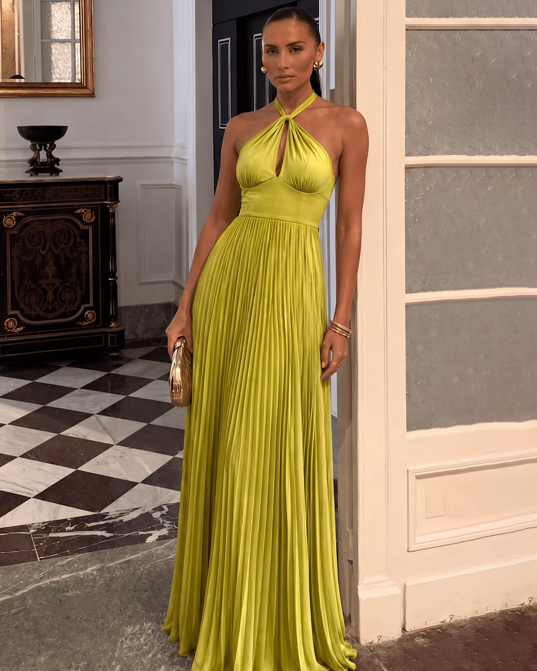 OLANE Lisa Halter Pleated Maxi Dress LWomen's Dresses