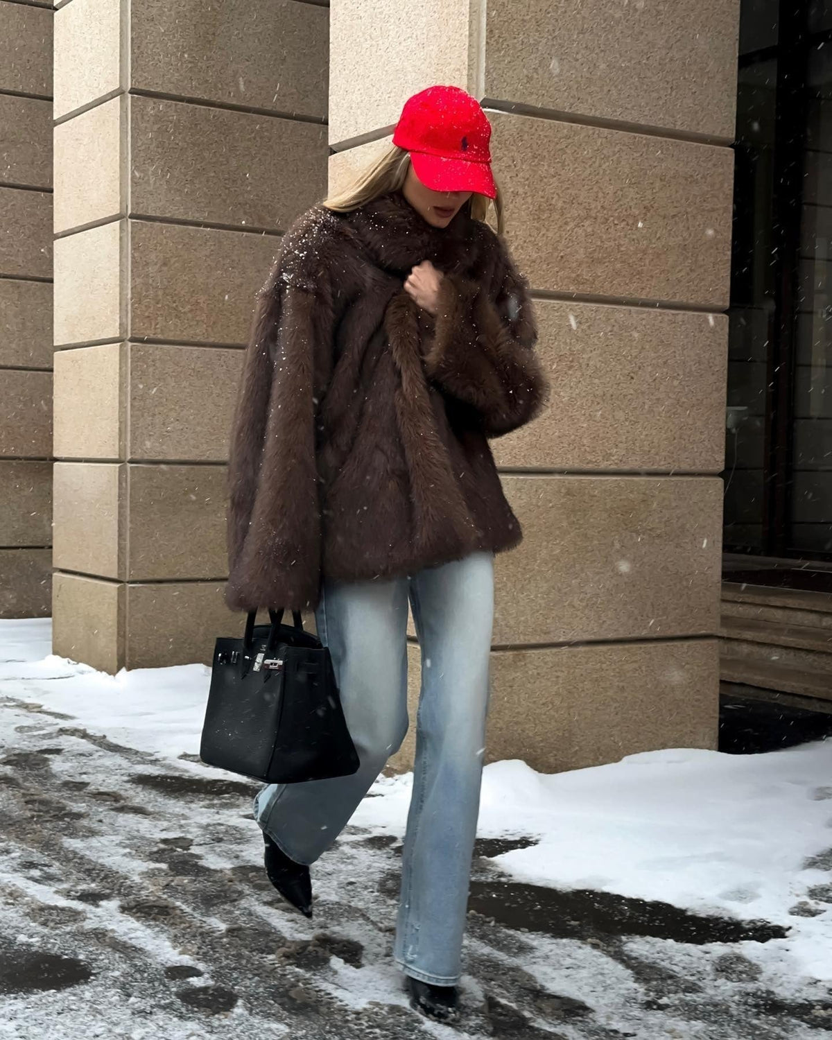 OLANE Long Plush Faux Fur Coat BrownSWomen's Coats & Jackets
