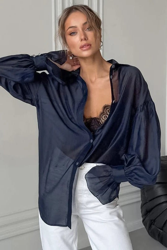 OLANE Long Sleeve Chiffon Sheer Blouse BlueSWomen’s Tops
