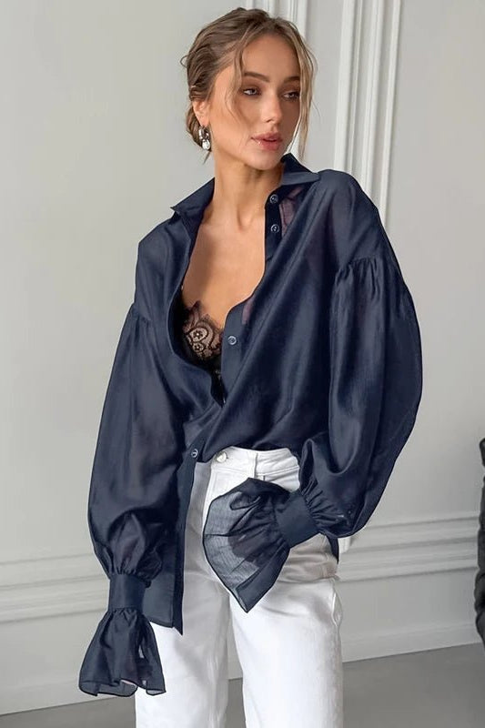 OLANE Long Sleeve Chiffon Sheer Blouse BlueSWomen’s Tops