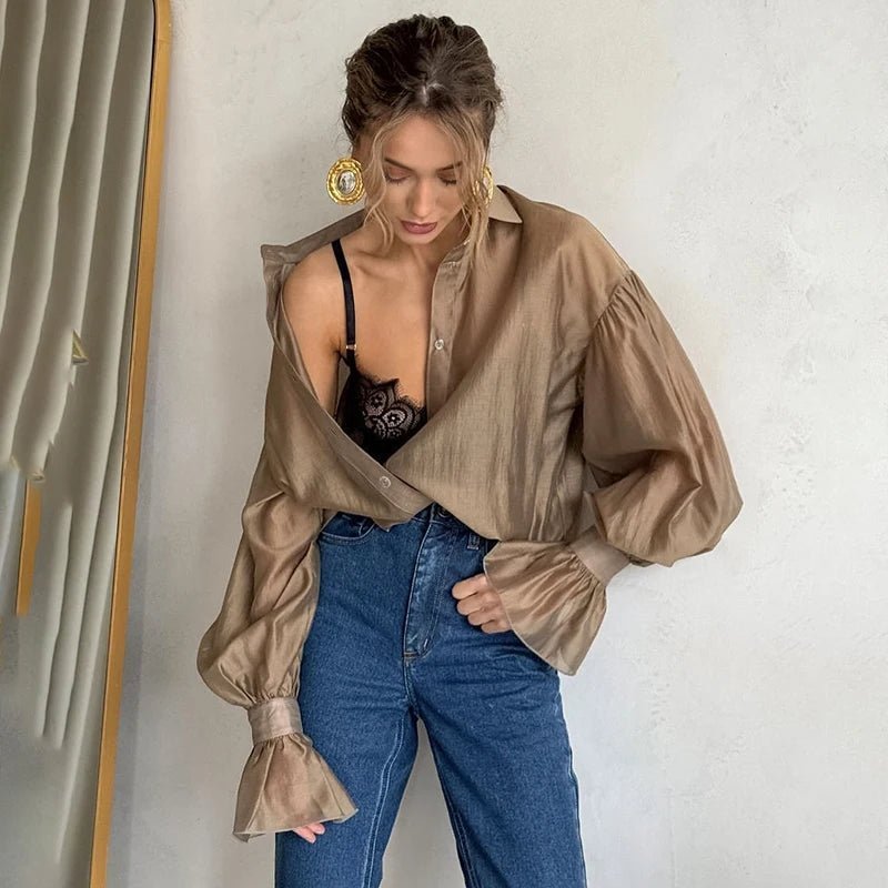OLANE Long Sleeve Chiffon Sheer Blouse BrownSWomen’s Tops