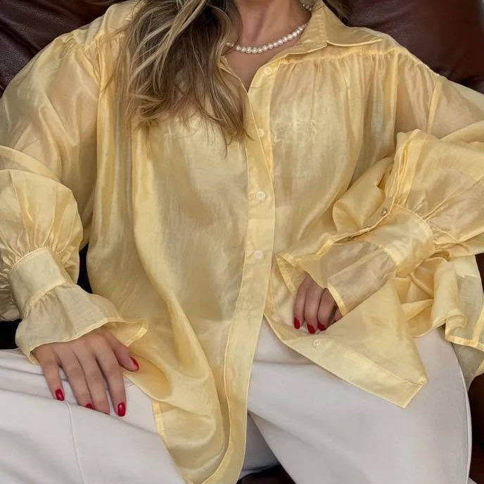 OLANE Long Sleeve Chiffon Sheer Blouse YellowSWomen’s Tops