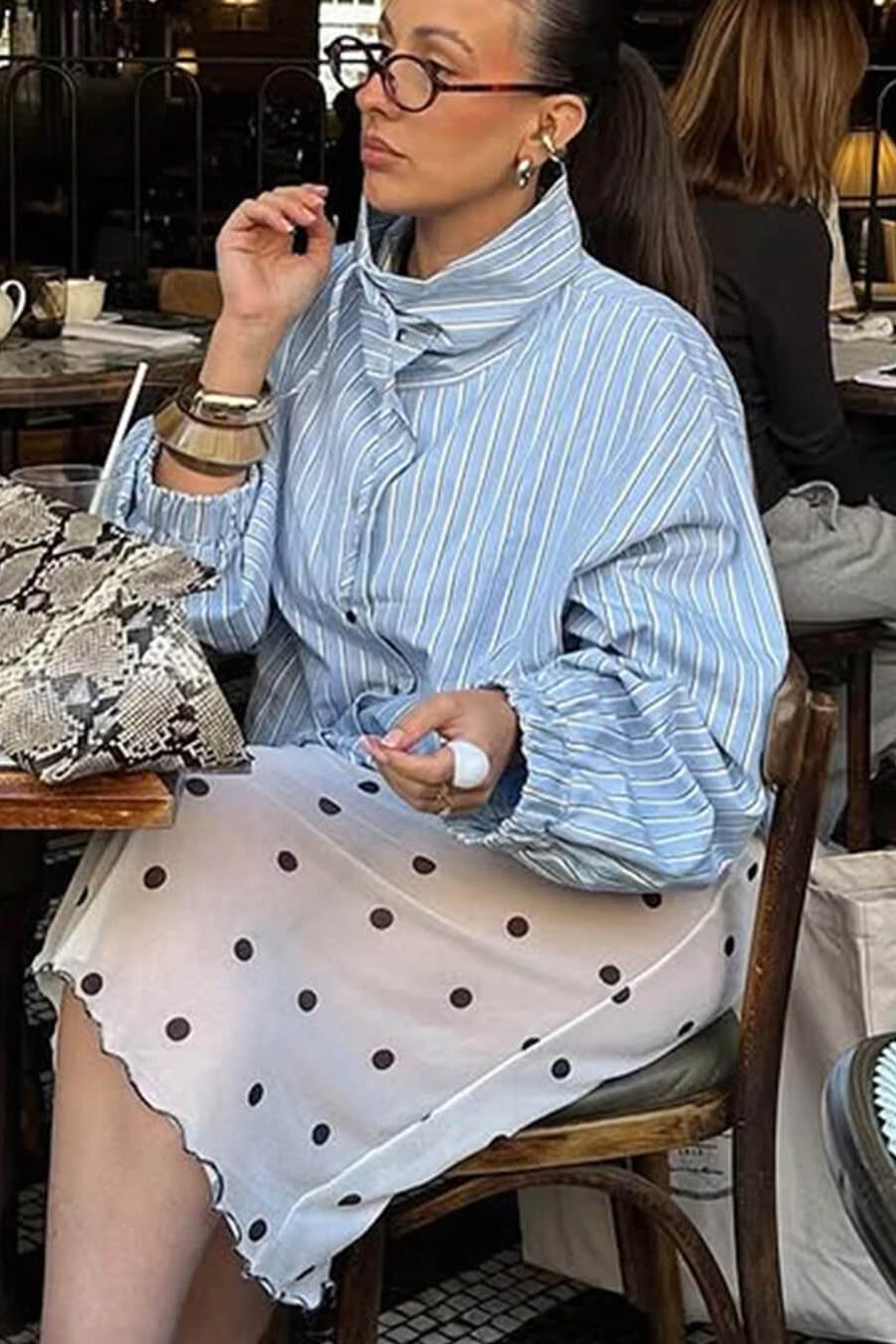 OLANE Long Sleeve Stripe High Neck Shirt BlueMWomen’s Tops