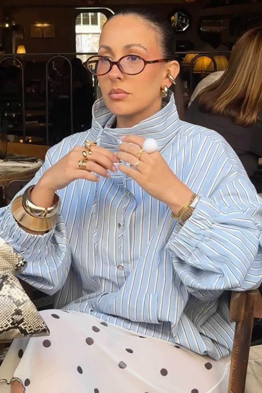 OLANE Long Sleeve Stripe High Neck Shirt BlueSWomen’s Tops