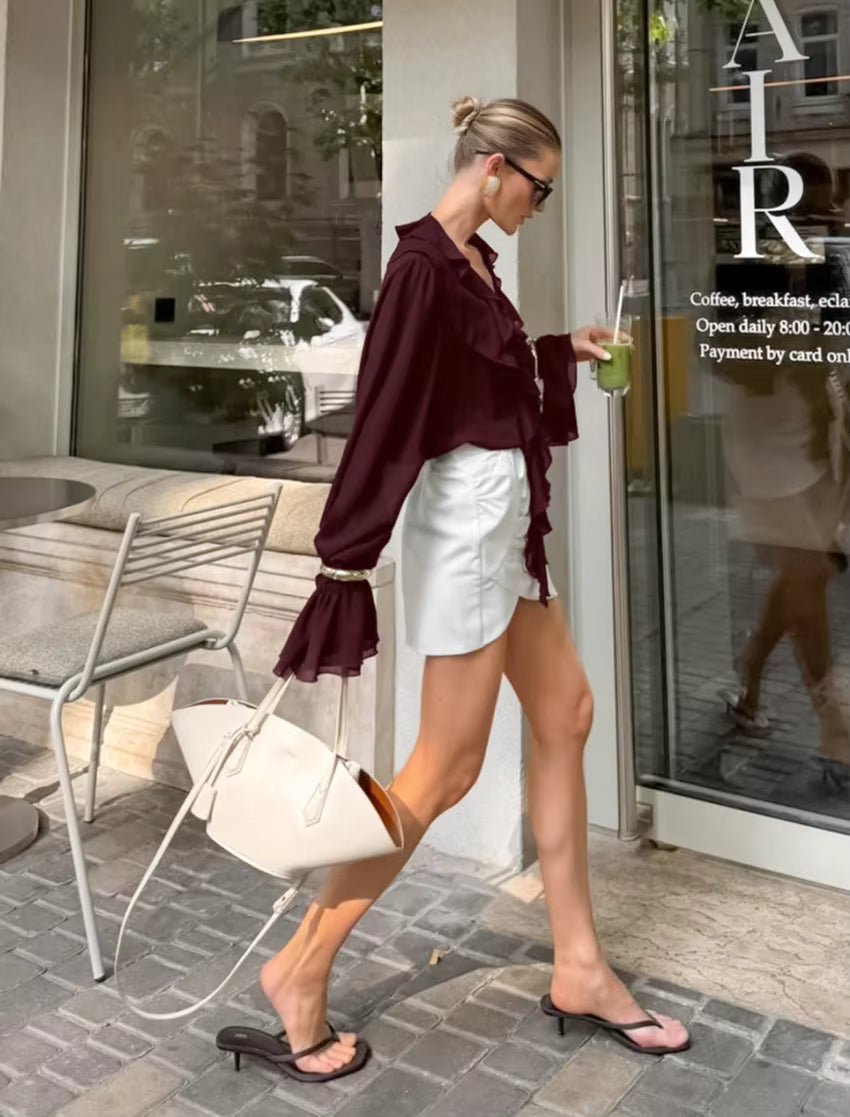 OLANE Long Sleeve Tie Neck Ruffled Blouse BurgundyMWomen’s Tops