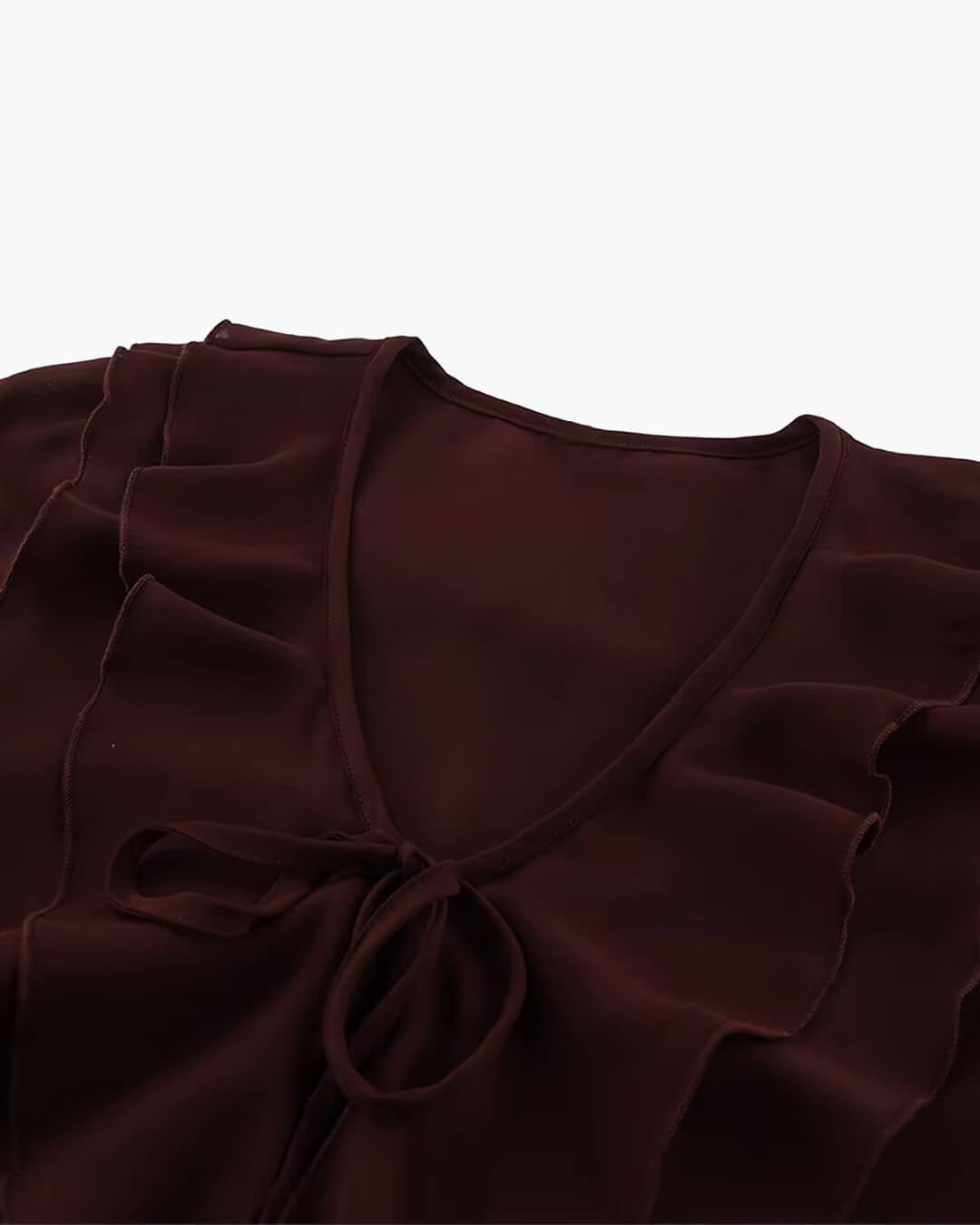 OLANE Long Sleeve Tie Neck Ruffled Blouse BurgundyMWomen’s Tops