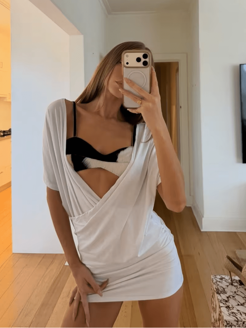 OLANE Lucy Deep V-Neck Ruched Mini Dress WhiteMWomen’s Dresses