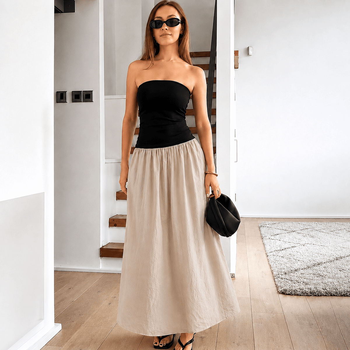 Maria – Color-Blocked Trägerloses Maxi-Kleid