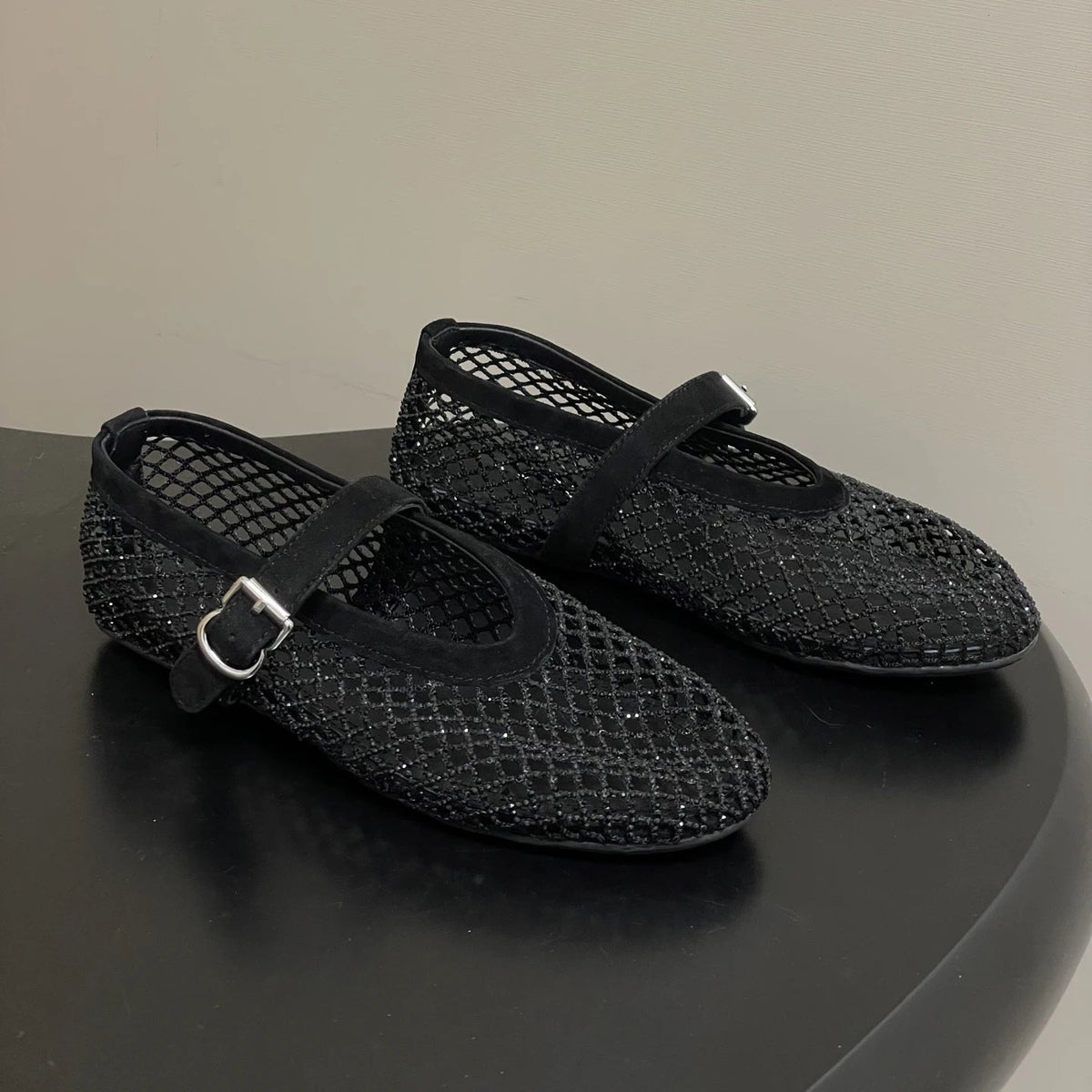 OLANE Mary Jane Rhinestone Mesh Ballet Flats Black35Women's Shoes