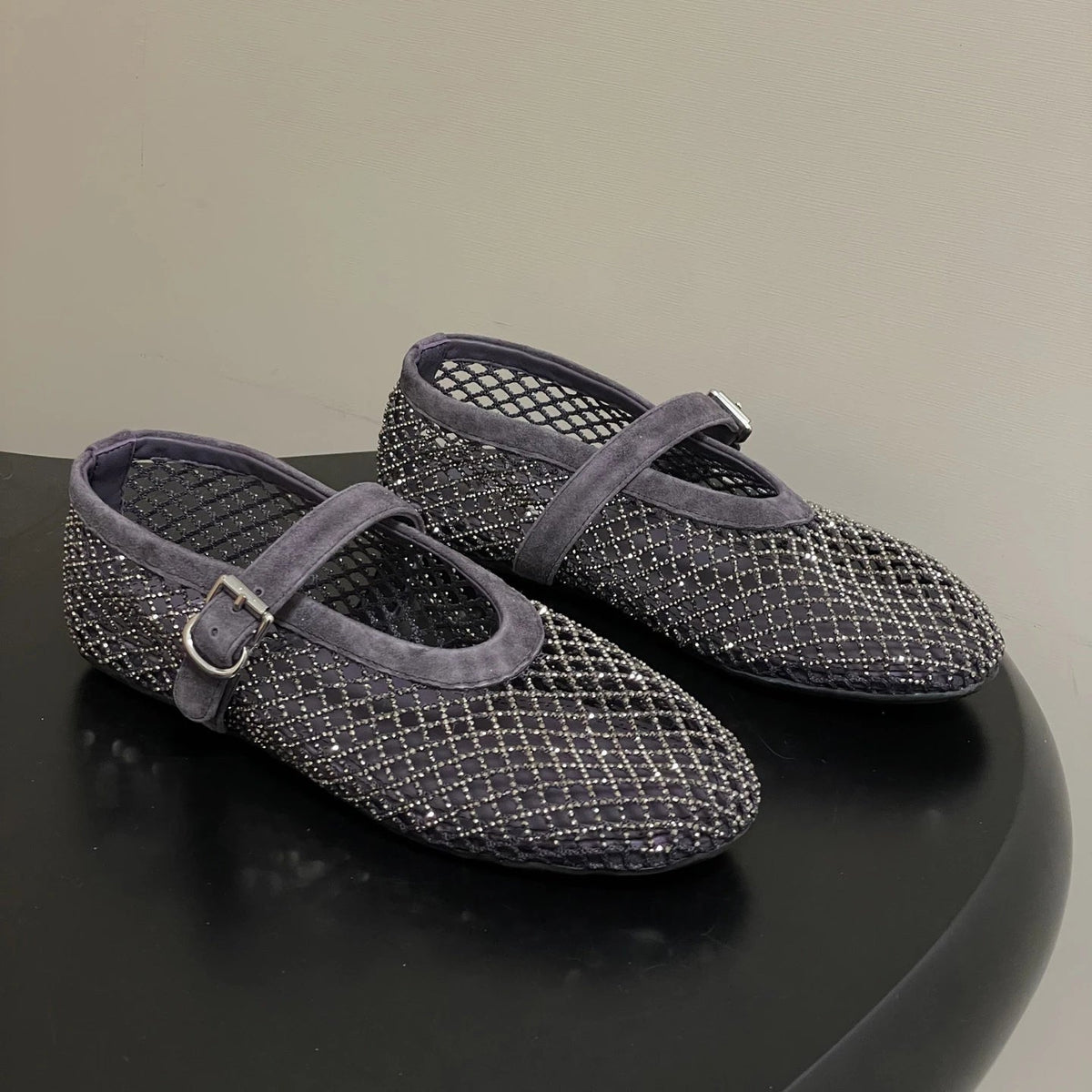 OLANE Mary Jane Rhinestone Mesh Ballet Flats Grey35Women's Shoes