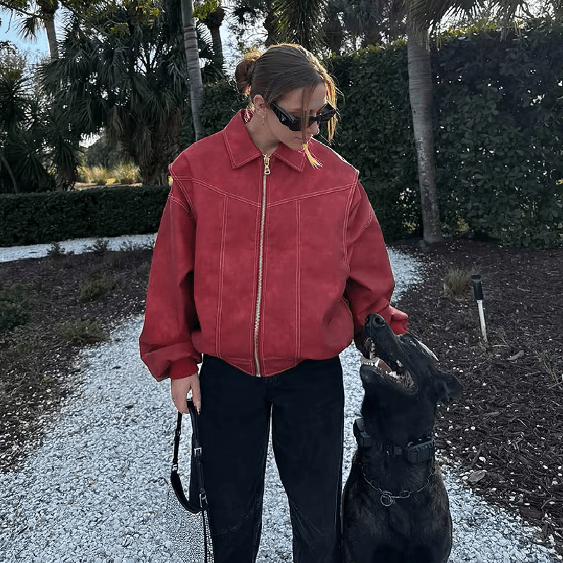Oversized-Kunstlederjacke mit Kontrastdetails