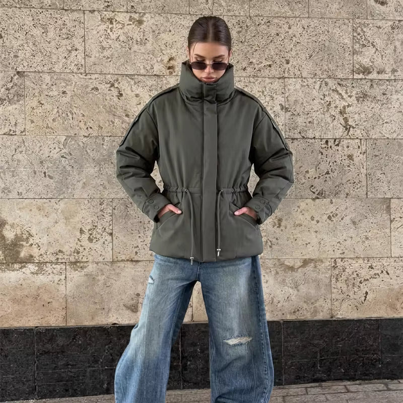 OLANE Oversized Drawstring Waist Puffer Jacket Olive GreenMWomen's Coats & Jackets