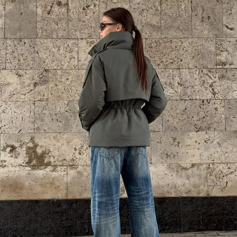OLANE Oversized Drawstring Waist Puffer Jacket Olive GreenSWomen's Coats & Jackets
