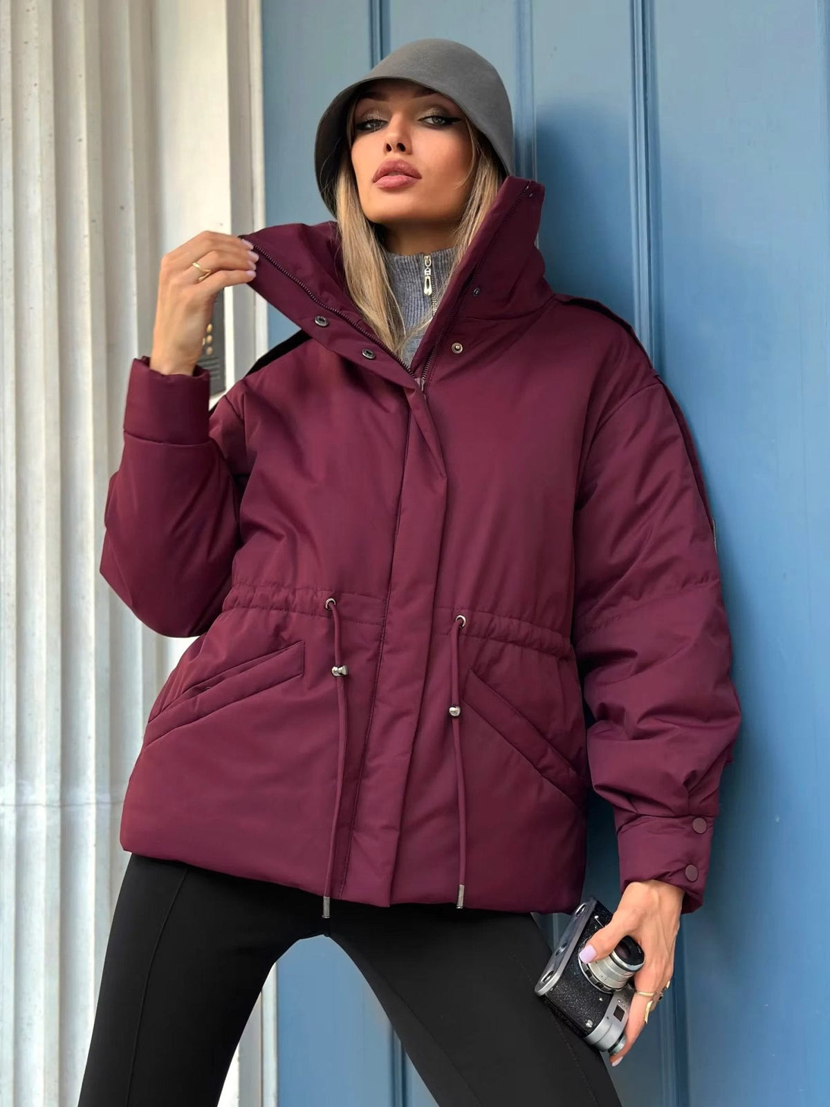 OLANE Oversized Drawstring Waist Puffer Jacket PurpleLWomen's Coats & Jackets