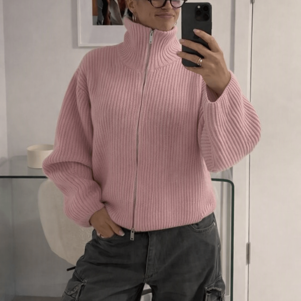 Oversized-Rippstrickpullover mit Reissverschluss