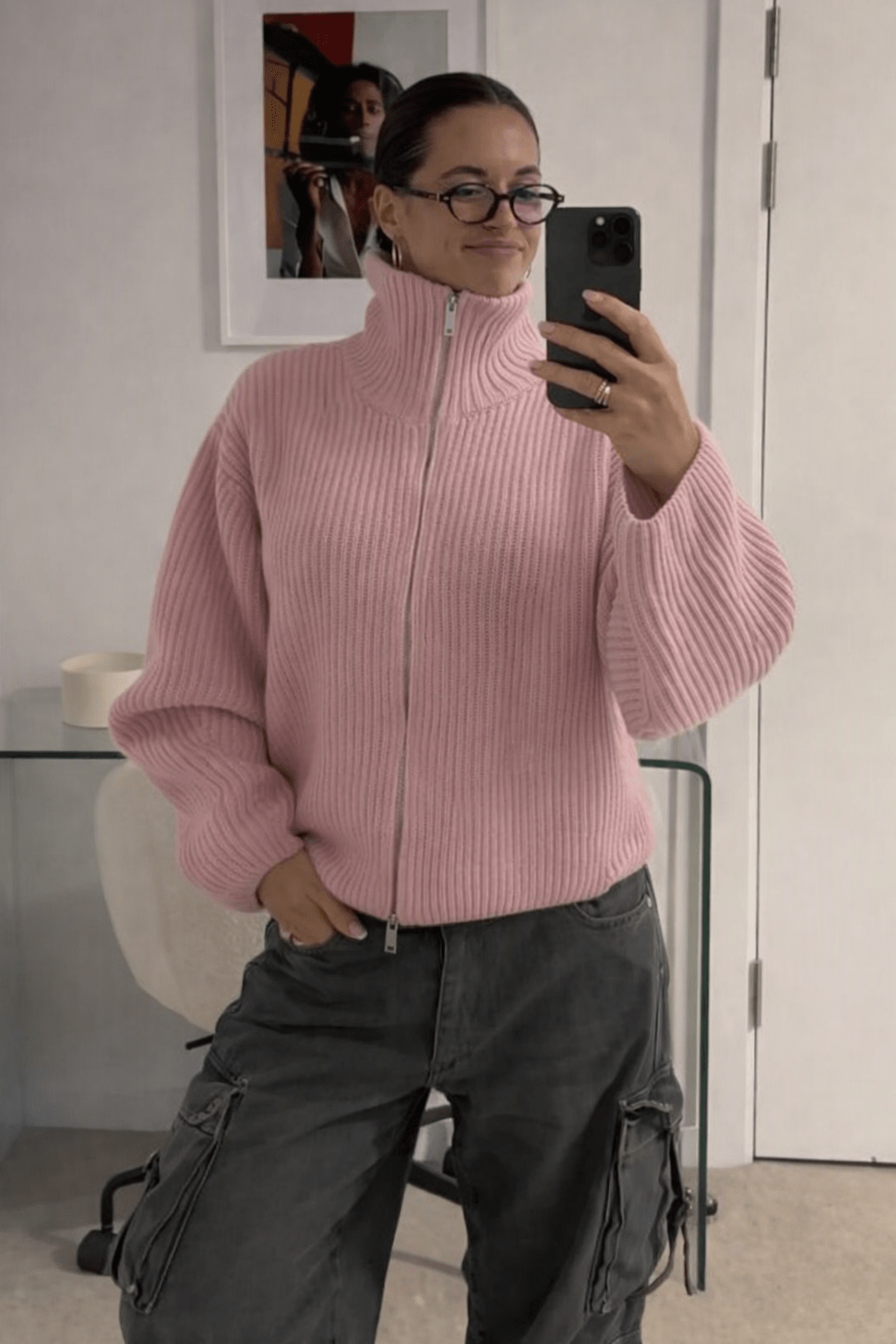 Oversized-Rippstrickpullover mit Reissverschluss