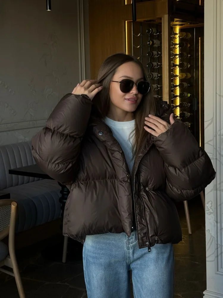 OLANE Oversized Short Hooded Puffer Jacket BrownLWomen's Coats & Jackets