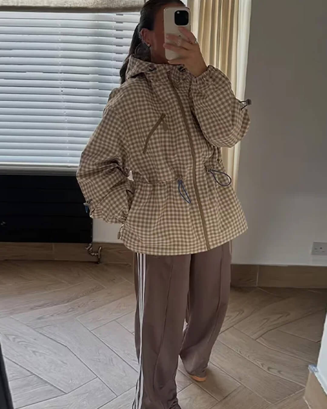 OLANE Plaid Drawstring Hooded Trench Jacket KhakiXSWomen's Coats & Jackets