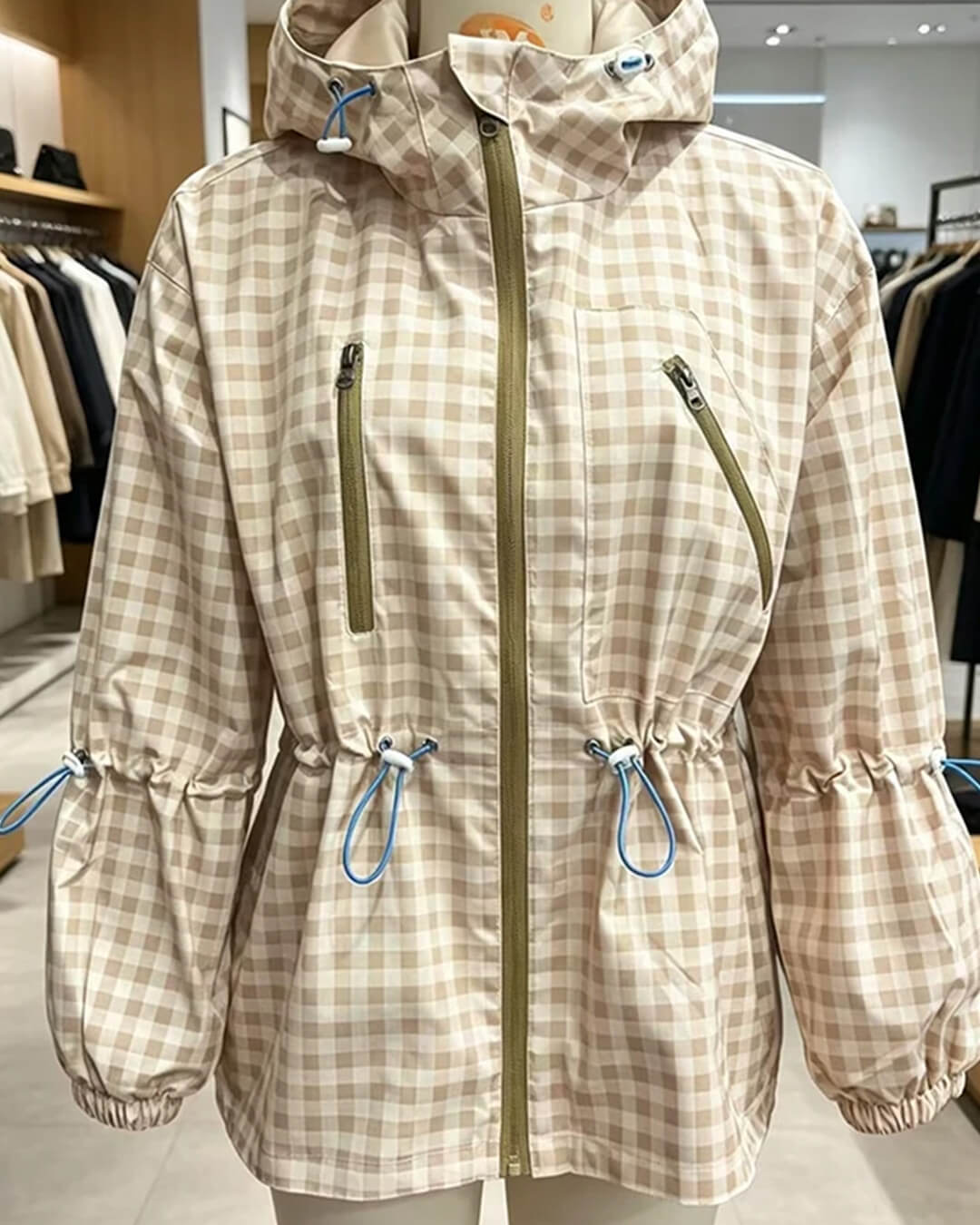 OLANE Plaid Drawstring Hooded Trench Jacket KhakiXSWomen's Coats & Jackets