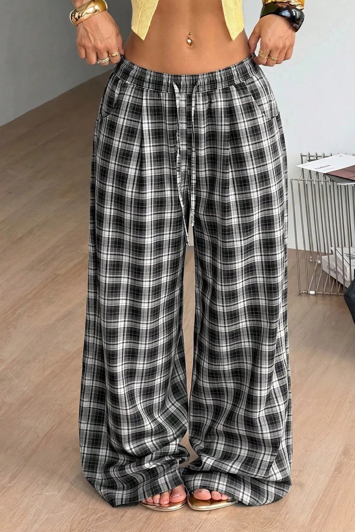 OLANE Plaid Wide Leg Drawstring Pants BlackSWomen's Bottoms