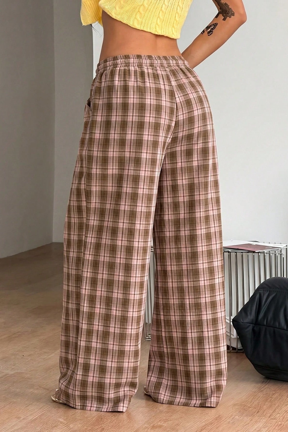 OLANE Plaid Wide Leg Drawstring Pants BrownSWomen's Bottoms