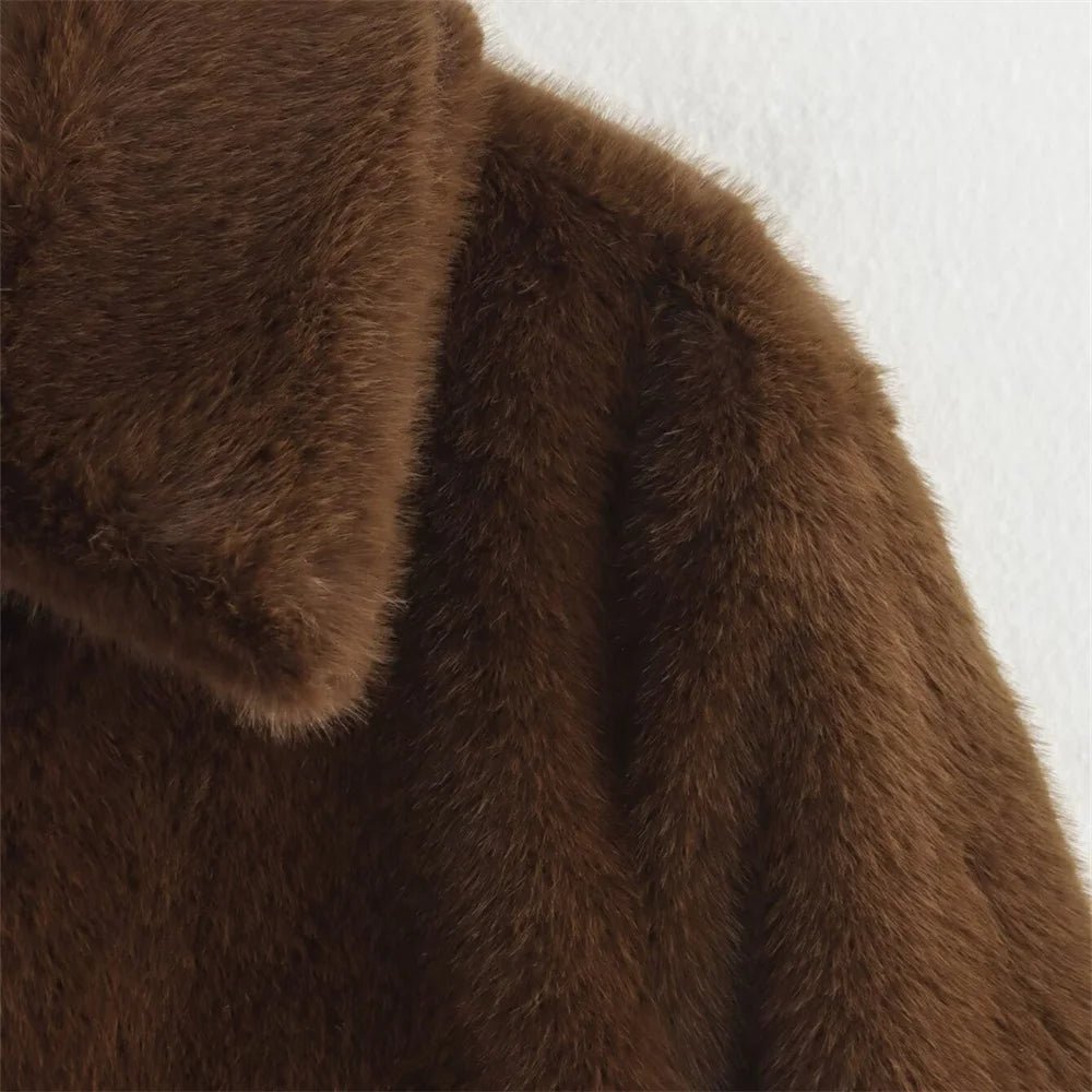 OLANE Plush Turn-Down Collar Faux Fur Jacket BrownLWomen's Coats & Jackets