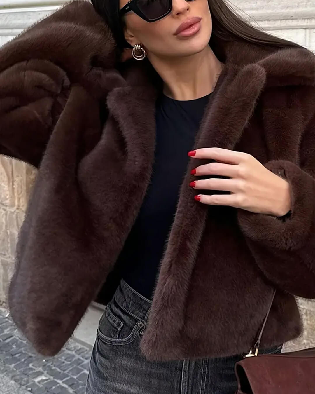 OLANE Plush Turn-Down Collar Faux Fur Jacket BrownSWomen's Coats & Jackets