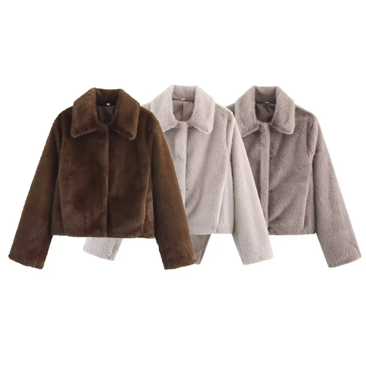 OLANE Plush Turn-Down Collar Faux Fur Jacket GreySWomen's Coats & Jackets